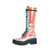 Colorful Laser PVC Transparent Thick Heel Martin Boots Women Round Head Lace Cross Strap Boots